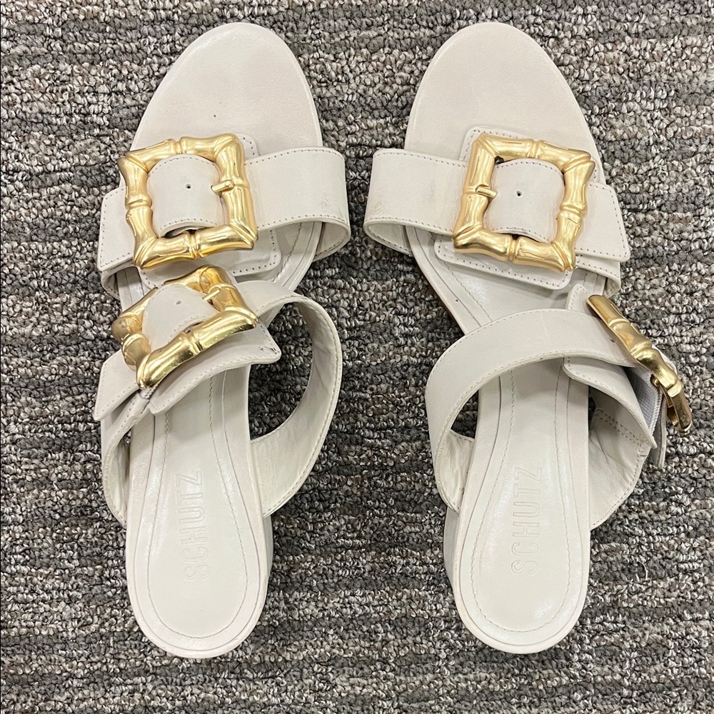 SCHUTZ Beige Sandals with Gold Buckles